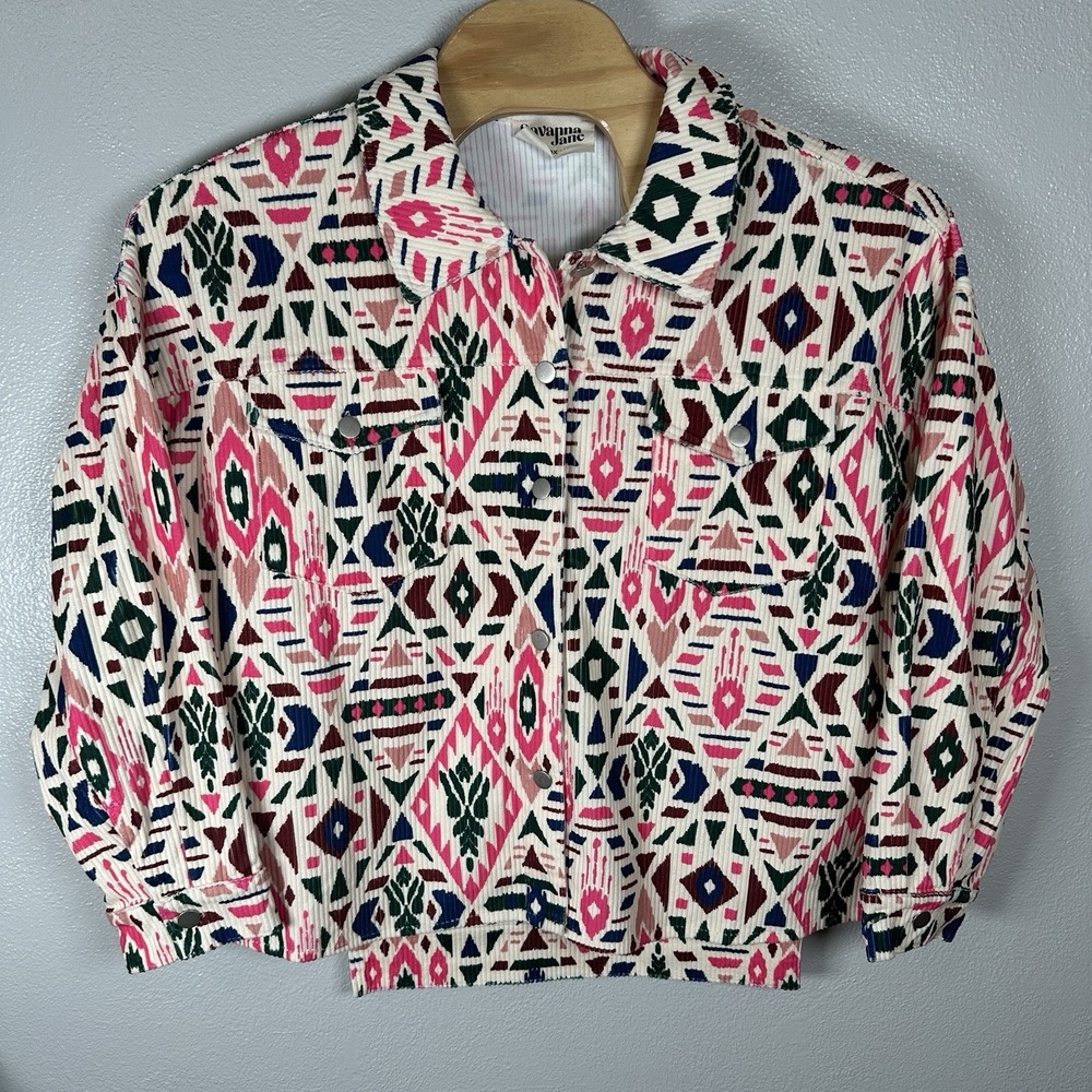 Savanna Jane Shacket Womens Size 3X AZTEC Pink Blue Print Corduroy Shirt‎ Jacket